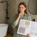Homeowner considering bathroom design changes with sample boards